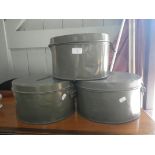 THREE VINTAGE MILITARY HAT TINS, with brass name plates, to include,'C.J.SMITH', each 28cm dia.