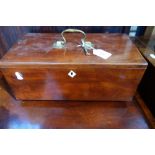 A 19TH CENTURY MAHOGANY BOX with fold open front concealing three drawers, 35.5cm wide