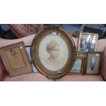 AN EARLY 20TH CENTURY CHALK PORTRAIT OF A YOUNG WOMAN, in oval frame and other pictures