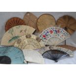 A 19TH CENTURY ITALIAN FAN, with pierced and painted bone sticks, a Japanese fan and similar fans