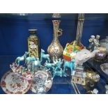 A COLLECTION OF CHINESE GREEN GLAZED HORSES, a Japanese teapot in the form of an elephant and