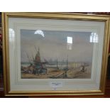 'BRIGHTON SEAFRONT, 1874', depicting fishing boats, the pier and bathing machines, watercolour