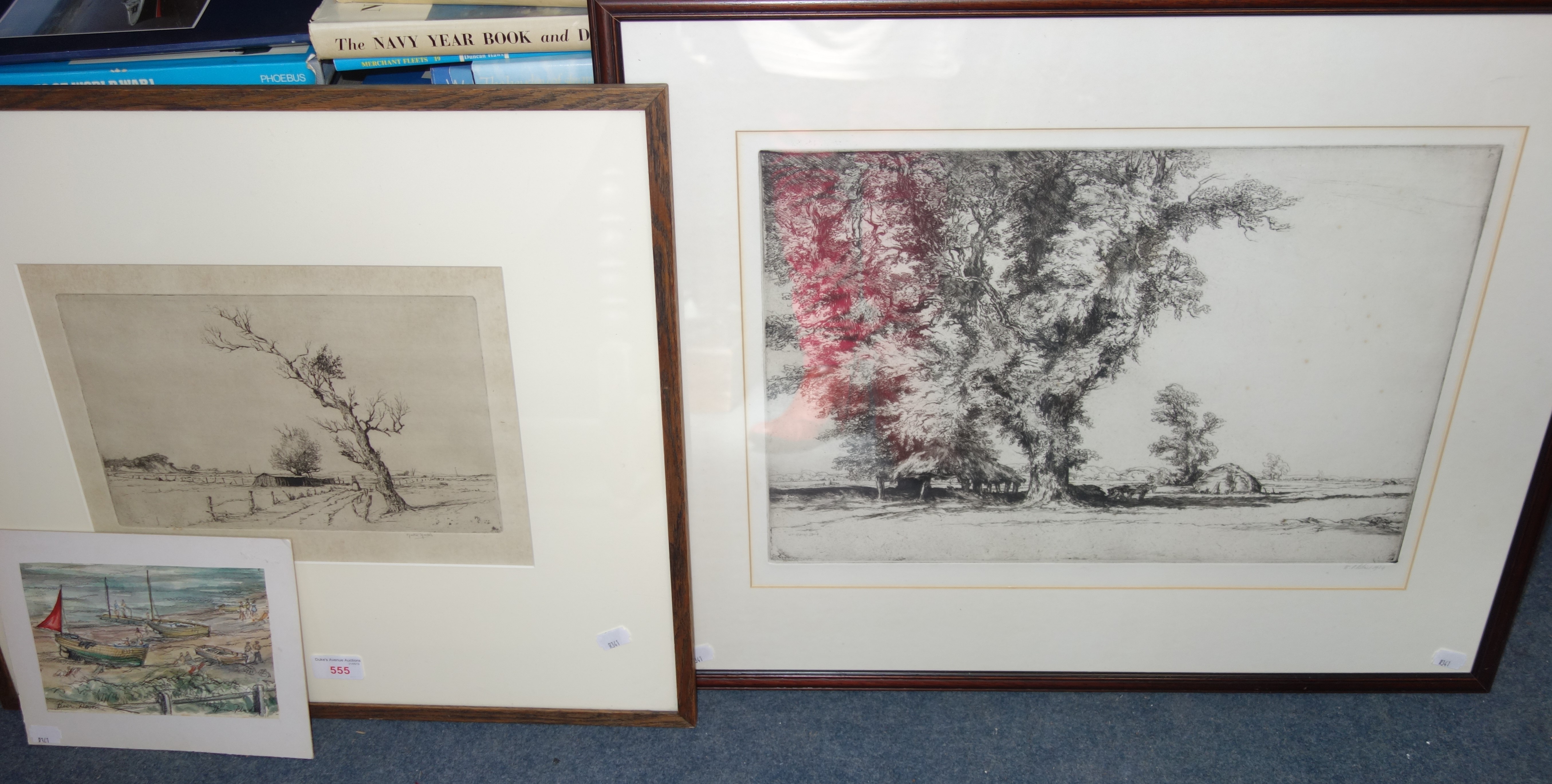 MARION RHODES: 'Beer, Devon', watercolour (unframed), an etching of a tree by Martin Hardie and