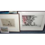 MARION RHODES: 'Beer, Devon', watercolour (unframed), an etching of a tree by Martin Hardie and