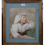A WATERCOLOUR OF A PEASANT WOMAN with white head dress, initialled 'SHB'
