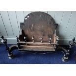 A LARGE 18TH CENTURY STYLE IRON FIRE BASKET with integral arched fire back, 96cm wide