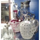 AN EDWARDIAN HOBNAIL CUT PORT JUG with silver lid and fittings with a collection of similar