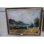 MARGARET HEATH: Landscape with lake and mountains, oil on board