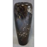 A BRONZE MIXED METAL VASE, MEIJI PERIOD (1868-1912), the baluster sides inlaid with a blossoming