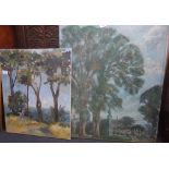 A 20TH CENTURY OIL ON CANVAS PAINTING of an Italian garden (unframed) and another similar of trees