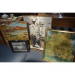 AN ITALIANATE LANDSCAPE painted en grisaille, oil on canvas, and a further collection of oil