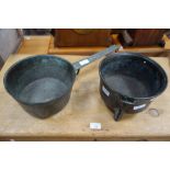 AN 18TH CENTURY BRONZE SKILLET (FEET CUT OFF) and another (no handle)