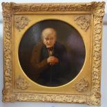 A 19TH CENTURY OIL ON BOARD portrait of an elderly gentleman leaning on a stick, framed as a roundel