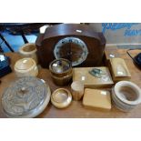 A WALNUT CASED MANTEL CLOCK with Westminster chime and a collection of wooden items