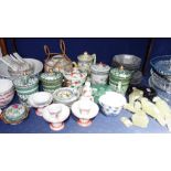 A COLLECTION OF ORIENTAL CERAMICS including rice bowls, a pair of 'jade' birds with wooden stands