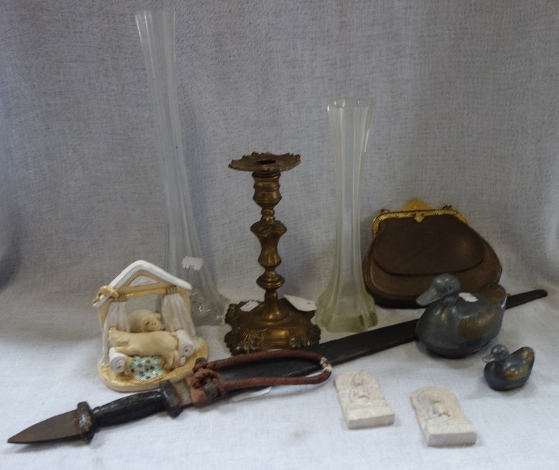 A VINTAGE SCOTTISH LEATHER HANDBAG, glass vases a Turkish (?) knife and sundries