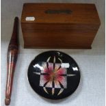 AN EDWARDIAN OAK 'BRIDGE' CARD BOX, A WOODEN STAVE (for holding knitting?) and a Norwegian enamelled