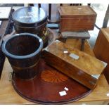 AN EDWARDIAN MAHOGANY TRAY with fan inlay, a barge style work box, a country made elm stool and