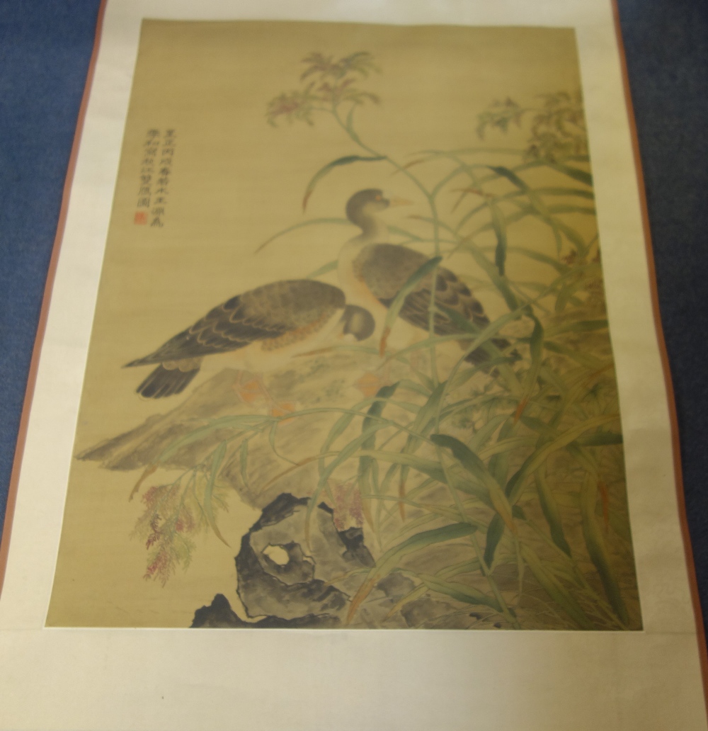 A LARGE CHINESE SCROLL, decorated with ducks