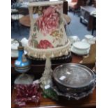 A 19TH CENTURY ORMOLU AND CERAMIC LAMP BASE, a plated dish, warmer and other items