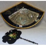 A MOTHER-OF-PEARL AND LACE FAN, WITH PAINTED WATTEAUESQUE SCENE, cased, and a Victorian face screen