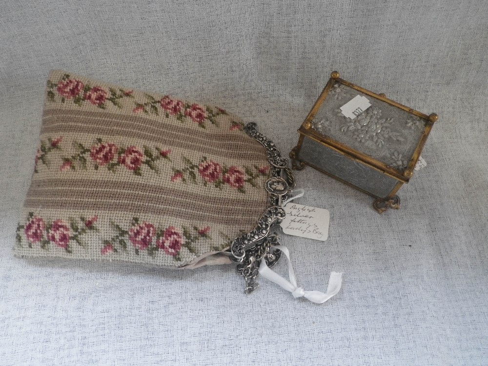 A LADIES SILVER HANDLED EMBROIDED EVENING BAG, and a mixed metal and gilt metal box (2)