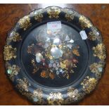 A VICTORIAN PAPIER MACHE PLATE with mother-of-pearl gilt and painted decoration, 27cm diam