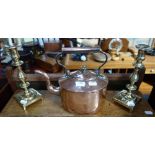 A VICTORIAN COPPER KETTLE and a pair of brass candlesticks