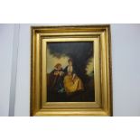 A 19TH CENTURY OIL ON BOARD PAINTING of a couple beneath a tree, in gilt frame