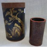 A JAPANESE LACQUER BAMBOO BRUSH POT Meiji period, 19.5cm high and another smaller, 12.5cm high (2)