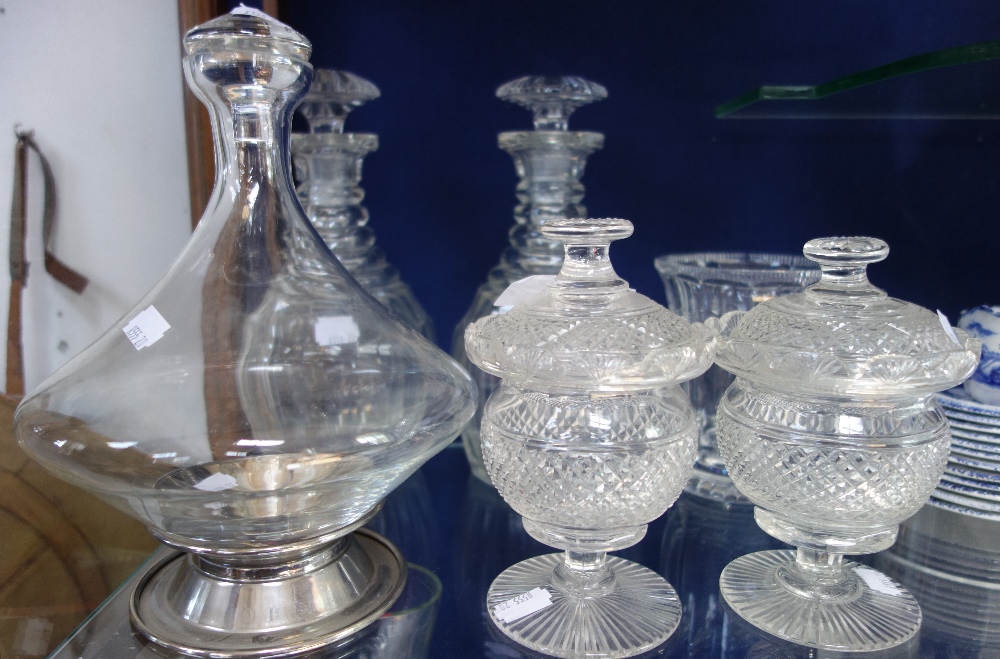 A PAIR OF 19TH CENTURY CUT GLASS SWEETMEAT JARS of urn form, a pair of decanters and other