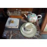 A SHIP IN A BOTTLE, a Dresden teapot, tiles and a 1920s nursery cup, saucer and plate