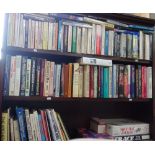 A COLLECTION OF BOOKS AND BOARD GAMES (three shelves)
