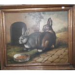 A NAIVE OIL ON CANVAS PAINTING OF TWO RABBITS FEEDING IN A GARDEN in a gilt frame