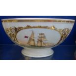 A 19TH CENTURY PORCELAIN PUNCH BOWL, hand-painted with a sailing ship with gilt decoration, 28cm