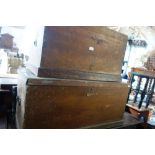 A VICTORIAN PINE BLANKET BOX with brass military handles, 79cm wide and another similar (2)