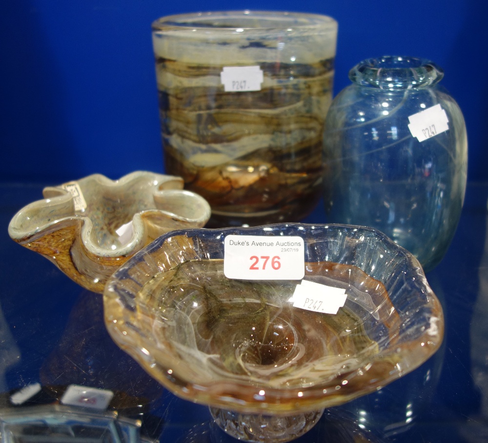 AN ISLE OF WIGHT GLASS 'TORTOISESHELL' VASE, 14.5cm high, a Medina glass dish and simuilar glassware