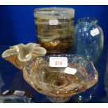 AN ISLE OF WIGHT GLASS 'TORTOISESHELL' VASE, 14.5cm high, a Medina glass dish and simuilar glassware