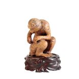 A CHINESE CARVED SOAPSTONE FIGURE OF A MONKEY, QING DYNASTY, 19TH CENTURY, carved with its body