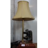 A VINTAGE TABLE LAMP with brass plaque 'Farewell to an Old Timer', on an oak base