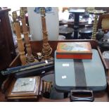 A VINTAGE LETTERA 22 TYPEWRITER, an oak barometer, lamps and sundries