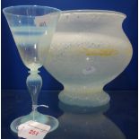 A 19TH CENTURY BLUE VASELINE FOOTED GLASS, 18cm high and a studio glass bowl, 19cm high (2)