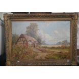 AN OIL ON CANVAS PAINTING of a cottage, signed Robert Towers "Near Burnham, Bucks", in gilt frame