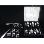 A SET OF SIX GEORGE III SILVER BRIGHT-CUT TEASPOONS, and mixed plated flatware (c.2.1oz)