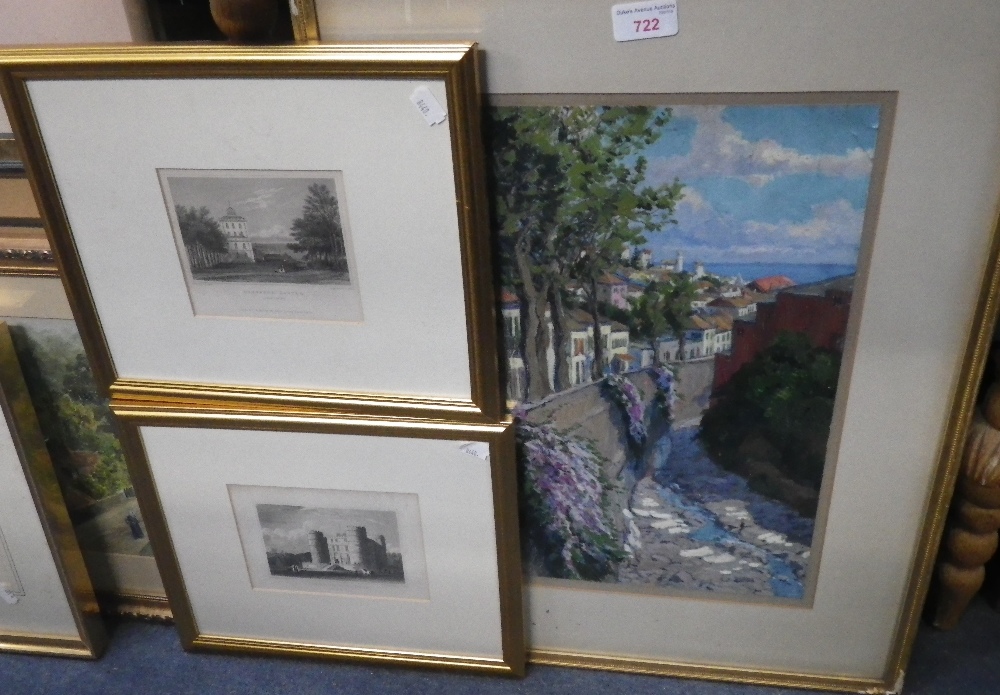 A CONTINENTAL STREET SCENE with bougainvillea, oil on paper and two engravings "Brownsea Castle" and