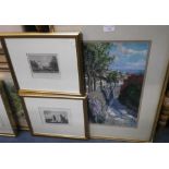 A CONTINENTAL STREET SCENE with bougainvillea, oil on paper and two engravings "Brownsea Castle" and