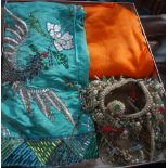 A VINTAGE CHINESE ORANGE SILK JACKET, a beaded green silk skirt and a beaded headress