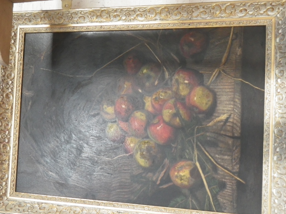 STILL LIFE: APPLES IN BASKET, oil on board, in gilt frame