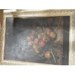 STILL LIFE: APPLES IN BASKET, oil on board, in gilt frame