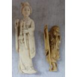 A JAPANESE IVORY FIGURE OF A GEISHA HOLDIG A EUROPEAN SWORD, C.1900, and another figure of a bearded